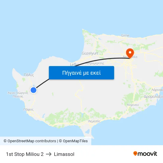 1st Stop Miliou 2 to Limassol map