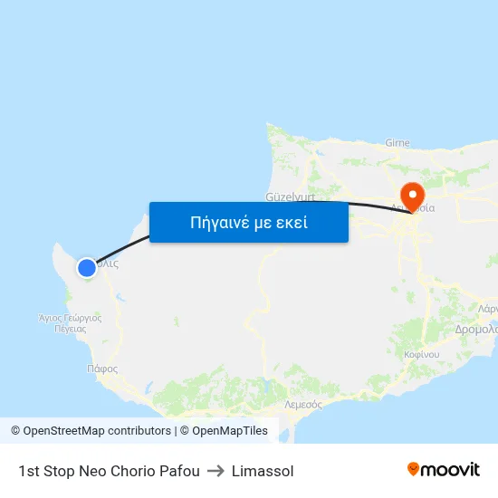 1st Stop Neo Chorio Pafou to Limassol map
