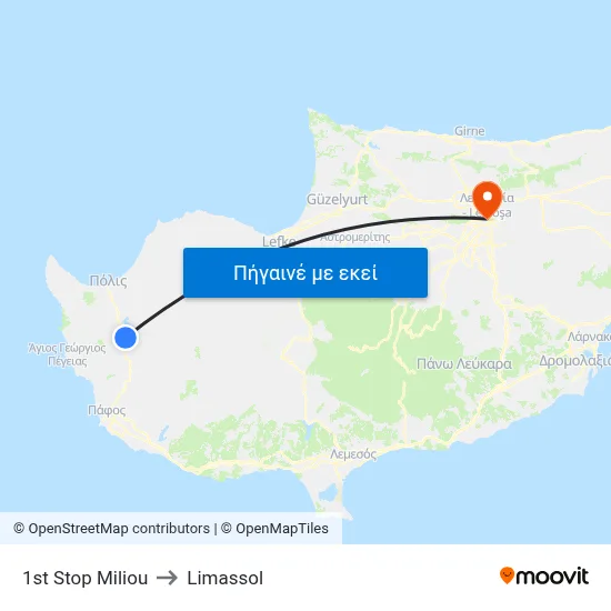 1st Stop Miliou to Limassol map