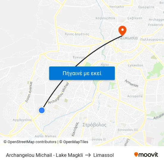 Archangelou Michail - Lake Magkli to Limassol map