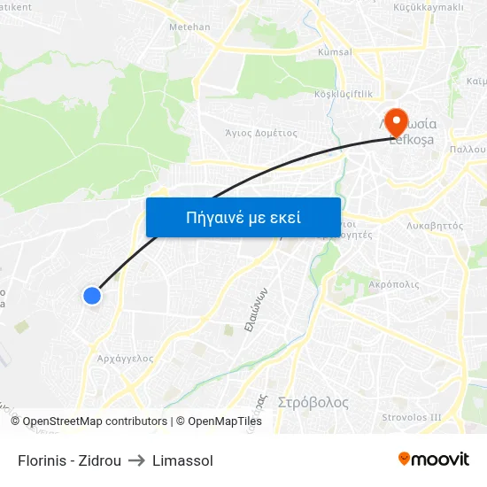 Florinis - Zidrou to Limassol map