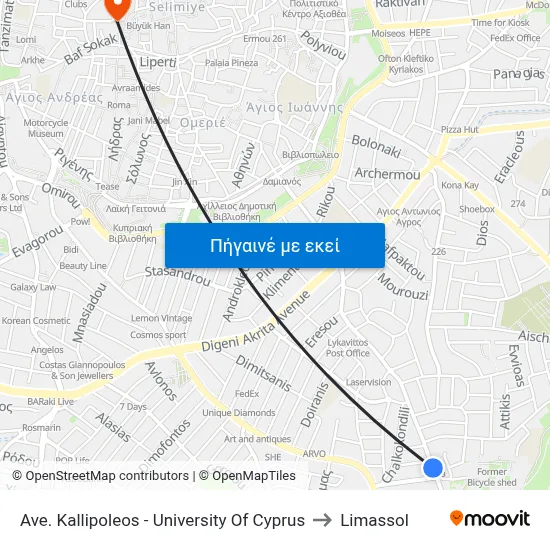 Ave. Kallipoleos - University Of Cyprus to Limassol map