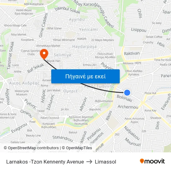 Larnakos -Tzon Kennenty Avenue to Limassol map