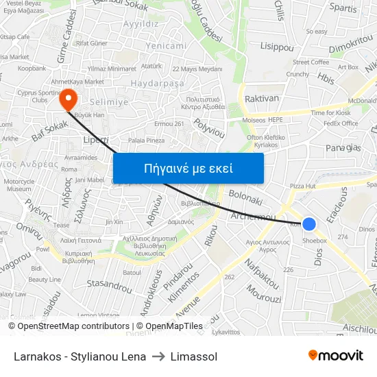 Larnakos - Stylianou Lena to Limassol map