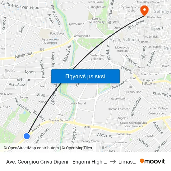 Ave. Georgiou Griva Digeni - Engomi High School to Limassol map