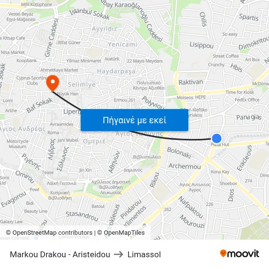 Markou Drakou - Aristeidou to Limassol map