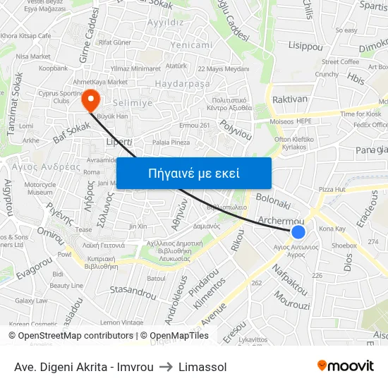Ave. Digeni Akrita - Imvrou to Limassol map