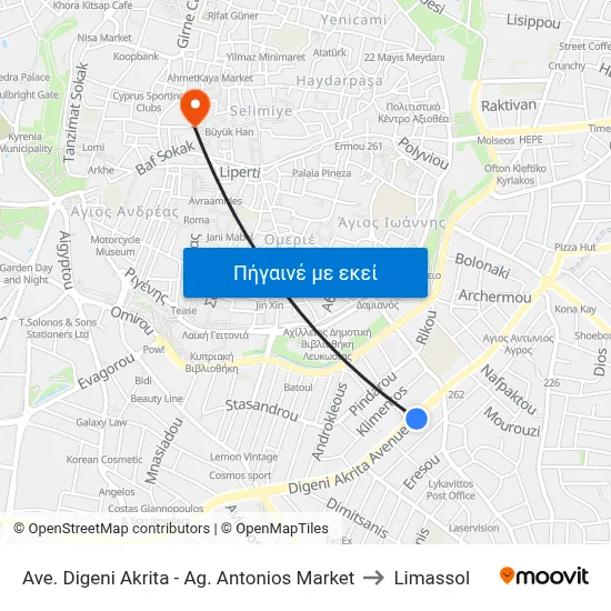 Ave. Digeni Akrita - Ag. Antonios Market to Limassol map