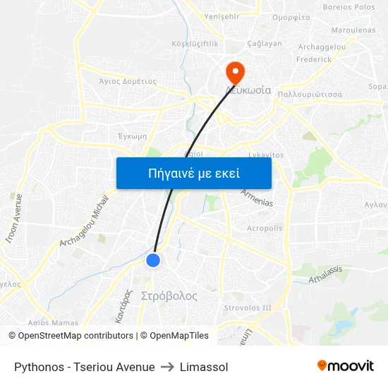 Pythonos - Tseriou Avenue to Limassol map
