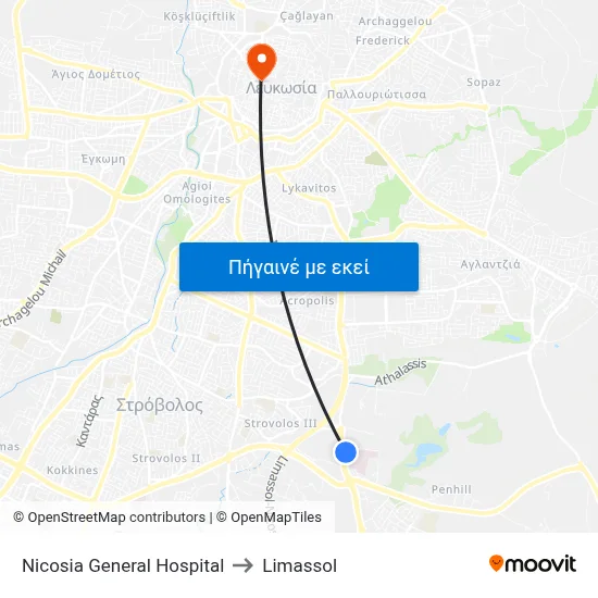 Nicosia General Hospital to Limassol map