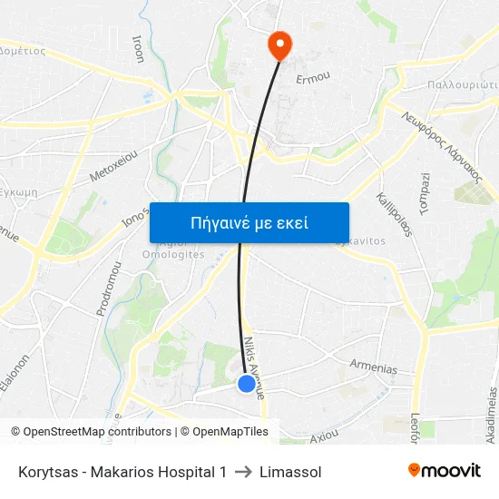 Korytsas - Makarios Hospital to Limassol map