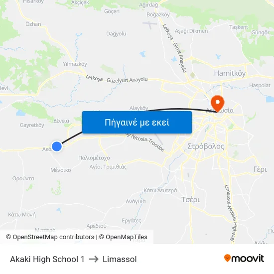 Akaki High School to Limassol map