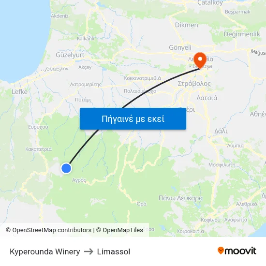 Kyperounda Winery to Limassol map