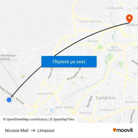 Nicosia Mall to Limassol map