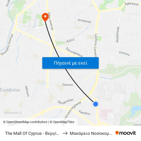 The Mall Of Cyprus - Βεργίνας to Μακάρειο Νοσοκομείο map