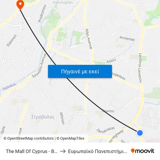 The Mall Of Cyprus - Βεργίνας to Ευρωπαϊκό Πανεπιστήμιο Κύπρου map