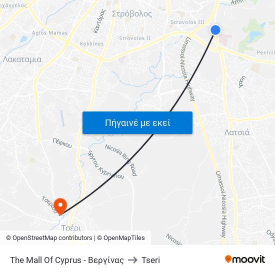 The Mall Of Cyprus - Βεργίνας to Tseri map