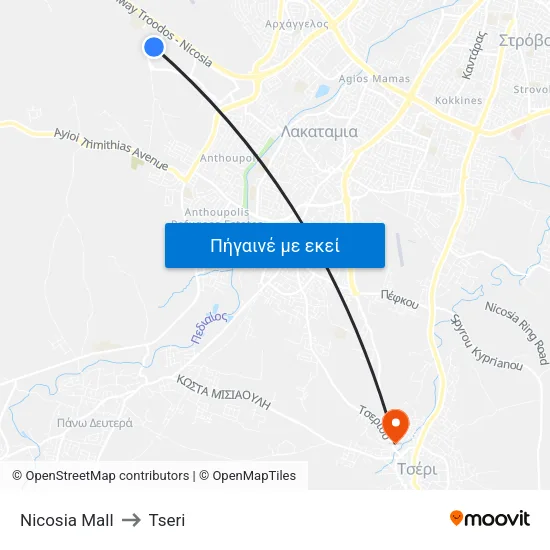 Nicosia Mall to Tseri map