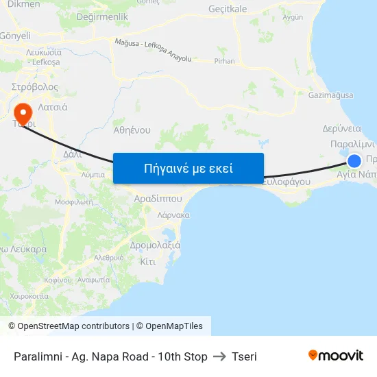 Paralimni - Ag. Napa Road - 10th Stop to Tseri map