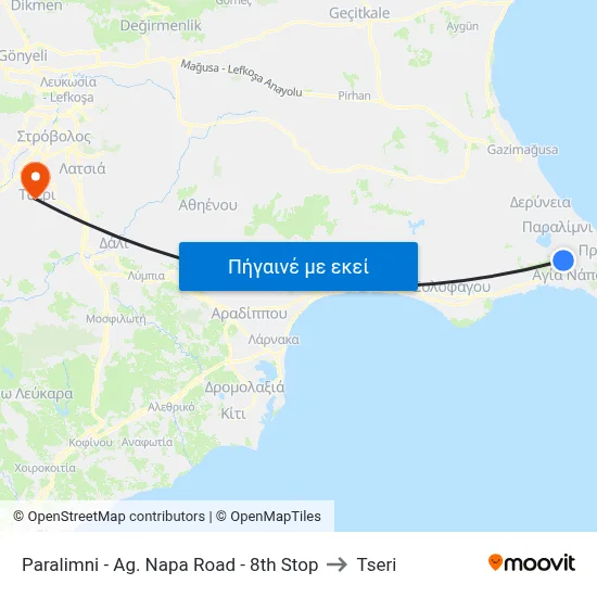 Paralimni - Ag. Napa Road - 8th Stop to Tseri map