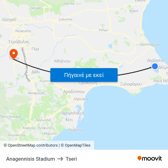 Anagennisis Stadium to Tseri map