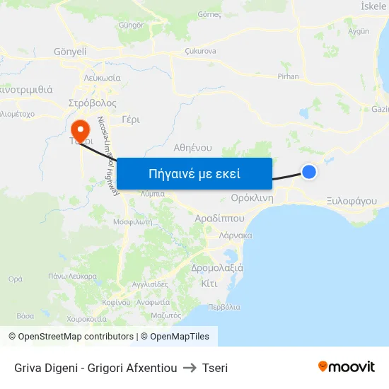 Griva Digeni - Grigori Afxentiou to Tseri map