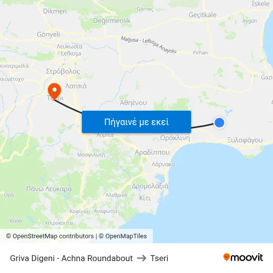 Griva Digeni - Achna Roundabout to Tseri map