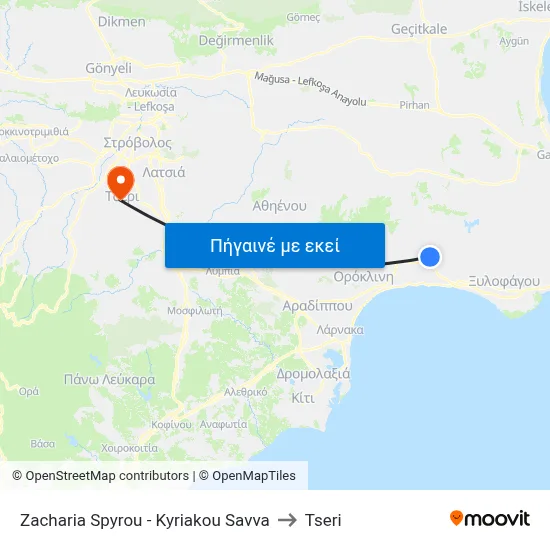 Zacharia Spyrou - Kyriakou Savva to Tseri map