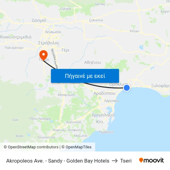 Akropoleos Ave. - Sandy - Golden Bay Hotels to Tseri map