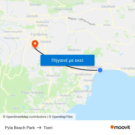 Pyla Beach Park to Tseri map