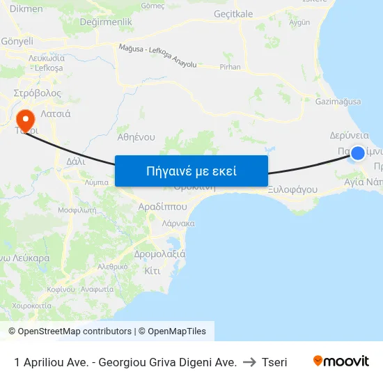 1 Apriliou Ave. - Georgiou Griva Digeni Ave. to Tseri map