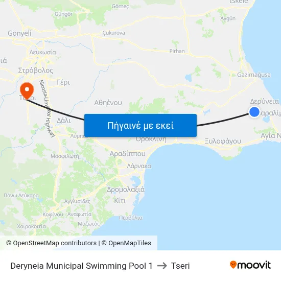 Deryneia Municipal Swimming Pool to Tseri map