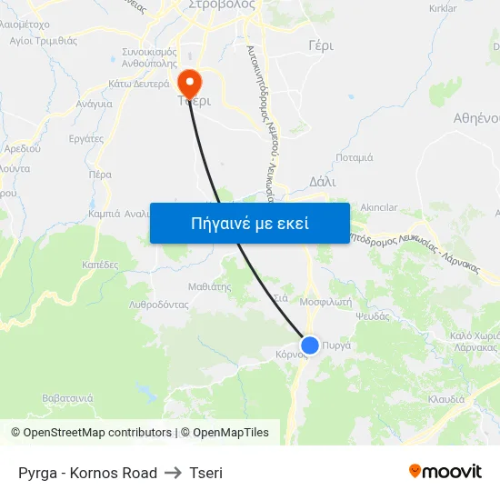 Pyrga - Kornos Road to Tseri map