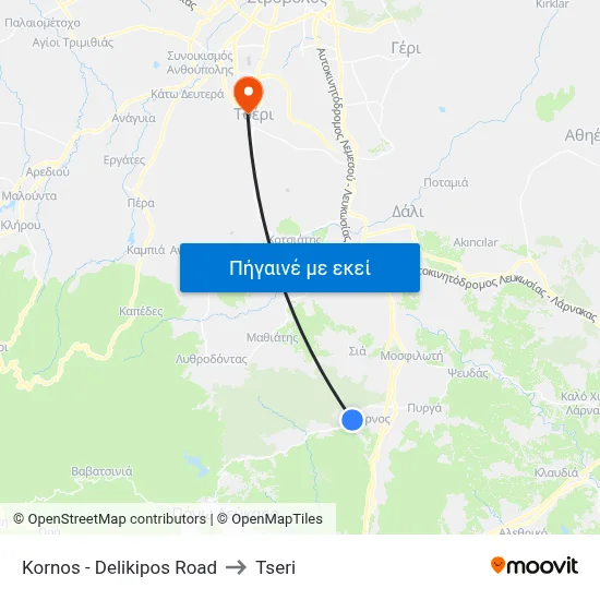 Kornos - Delikipos Road to Tseri map