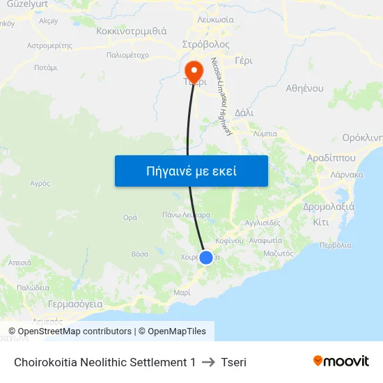 Choirokoitia Neolithic Settlement 1 to Tseri map