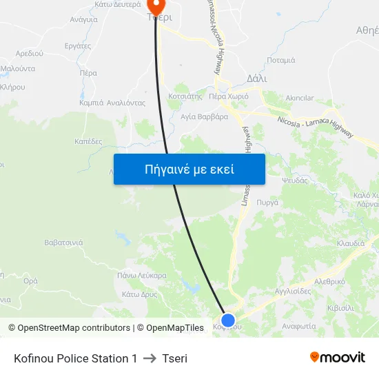 Kofinou Police Station to Tseri map