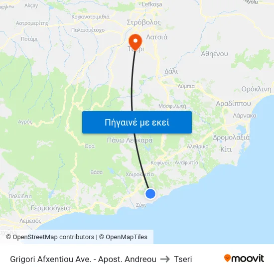 Grigori Afxentiou Ave. - Apost. Andreou to Tseri map