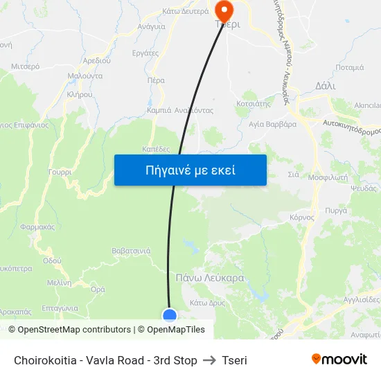 Choirokoitia - Vavla Road - 3rd Stop to Tseri map
