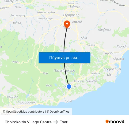 Choirokoitia Village Centre to Tseri map