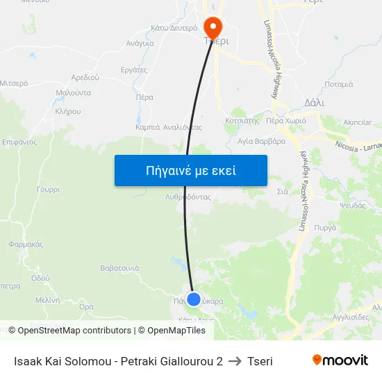 Isaak Kai Solomou - Petraki Giallourou to Tseri map