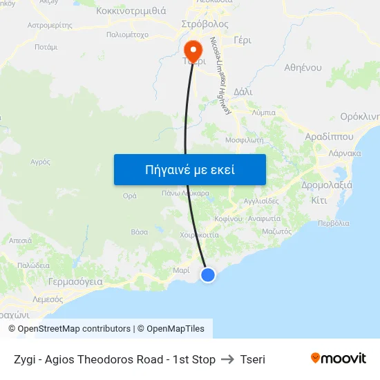 Zygi - Ag. Theodoros Road - 1st Stop to Tseri map