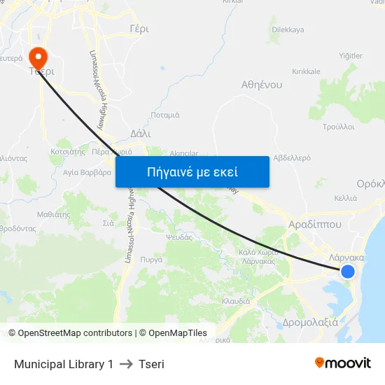 Municipal Library to Tseri map