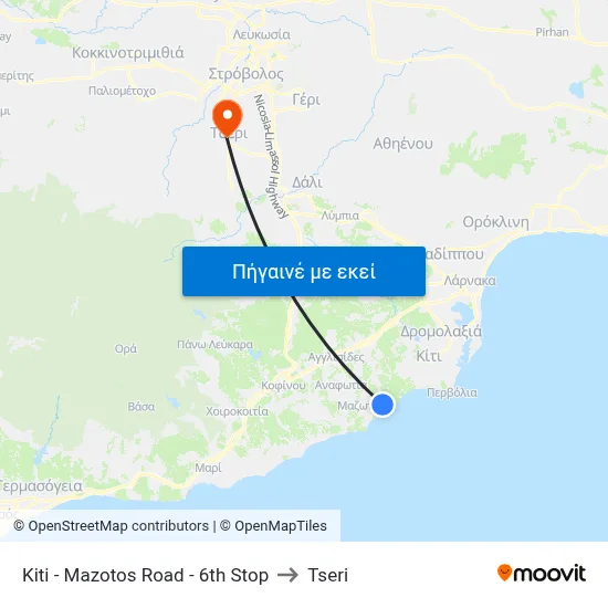 Kiti - Mazotos Road - 6th Stop to Tseri map