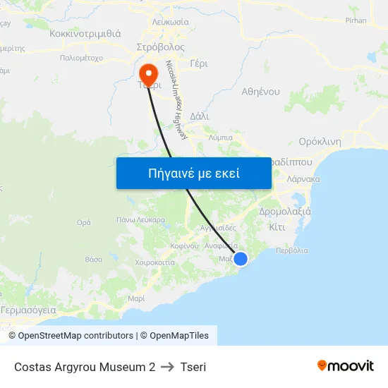Costas Argyrou Museum to Tseri map