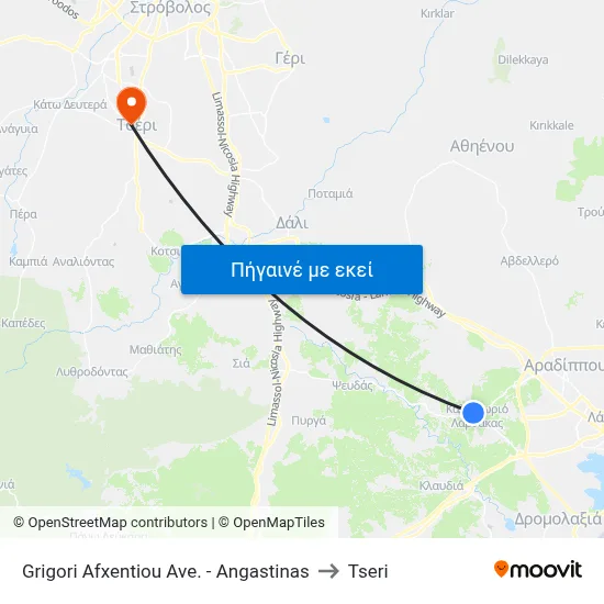 Grigori Afxentiou Ave. - Angastinas to Tseri map