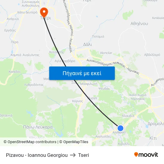 Pizavou - Ioannou Georgiou to Tseri map