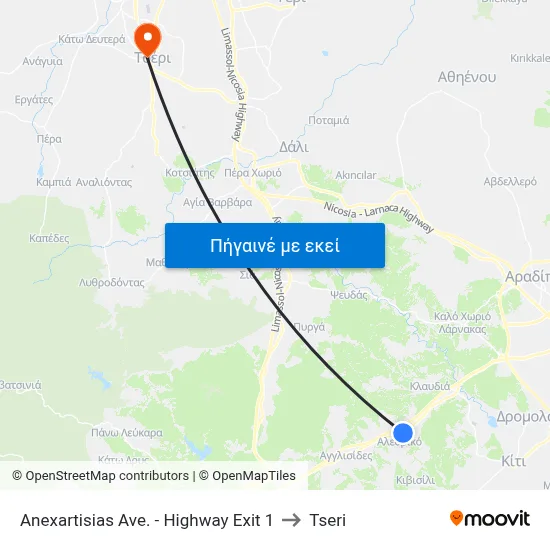 Anexartisias Ave. - Highway Exit to Tseri map