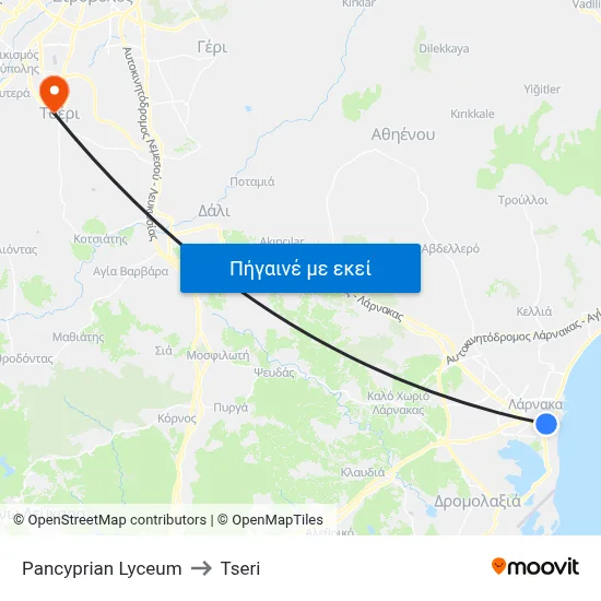 Pancyprian Lyceum to Tseri map