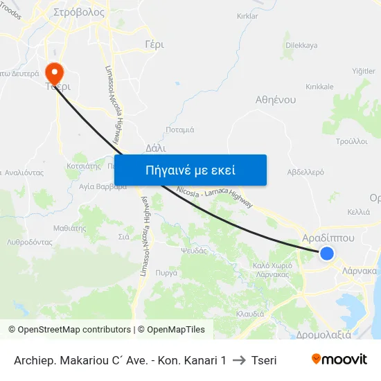 Archiep. Makariou C´ Ave. - Kon. Kanari to Tseri map