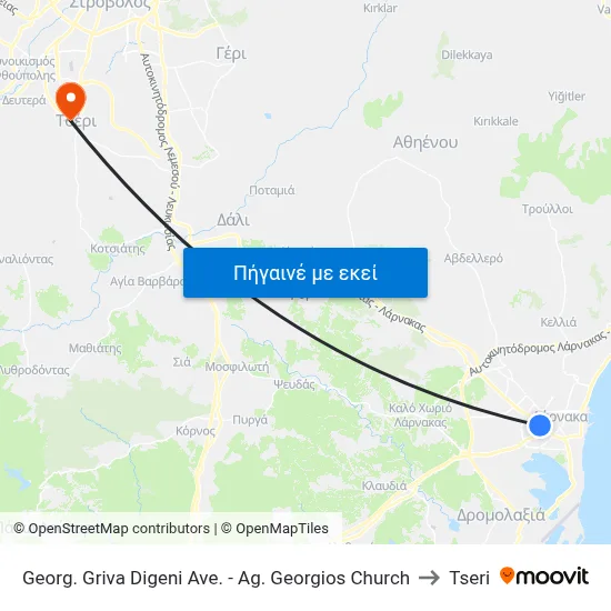 Georg. Griva Digeni Ave. - Ag. Georgios Church to Tseri map